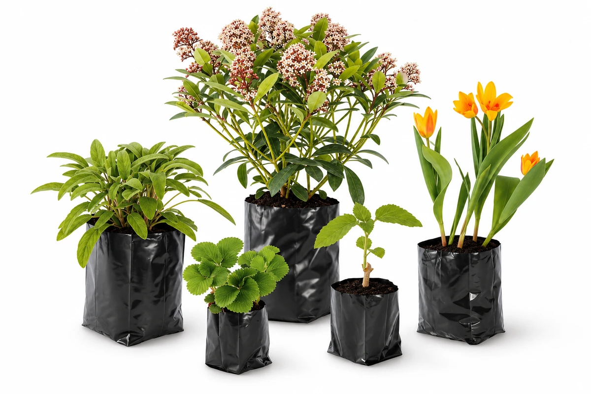 Plants growing in black plastic nursery bags