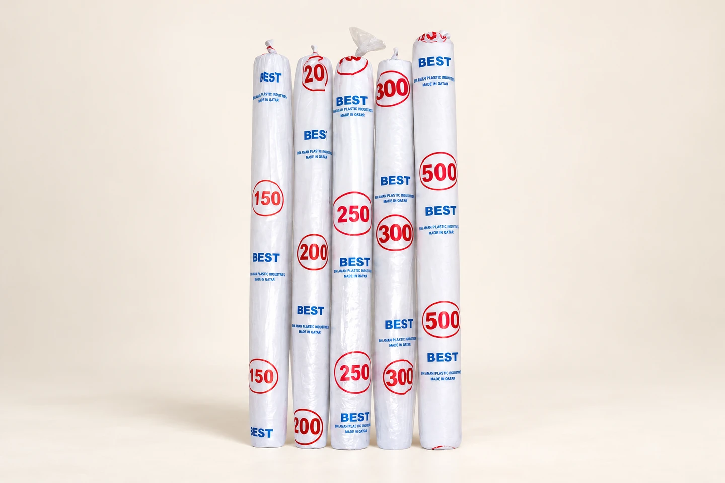 Five polyethylene sheet rolls in white printed Bin Aman sleeves