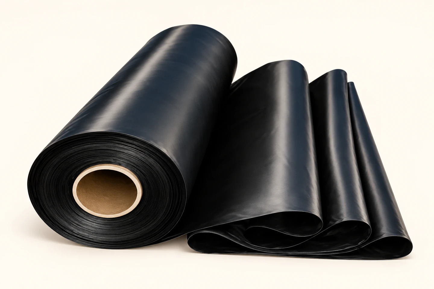 Black mulch-film roll with loose film showing its folded presentation