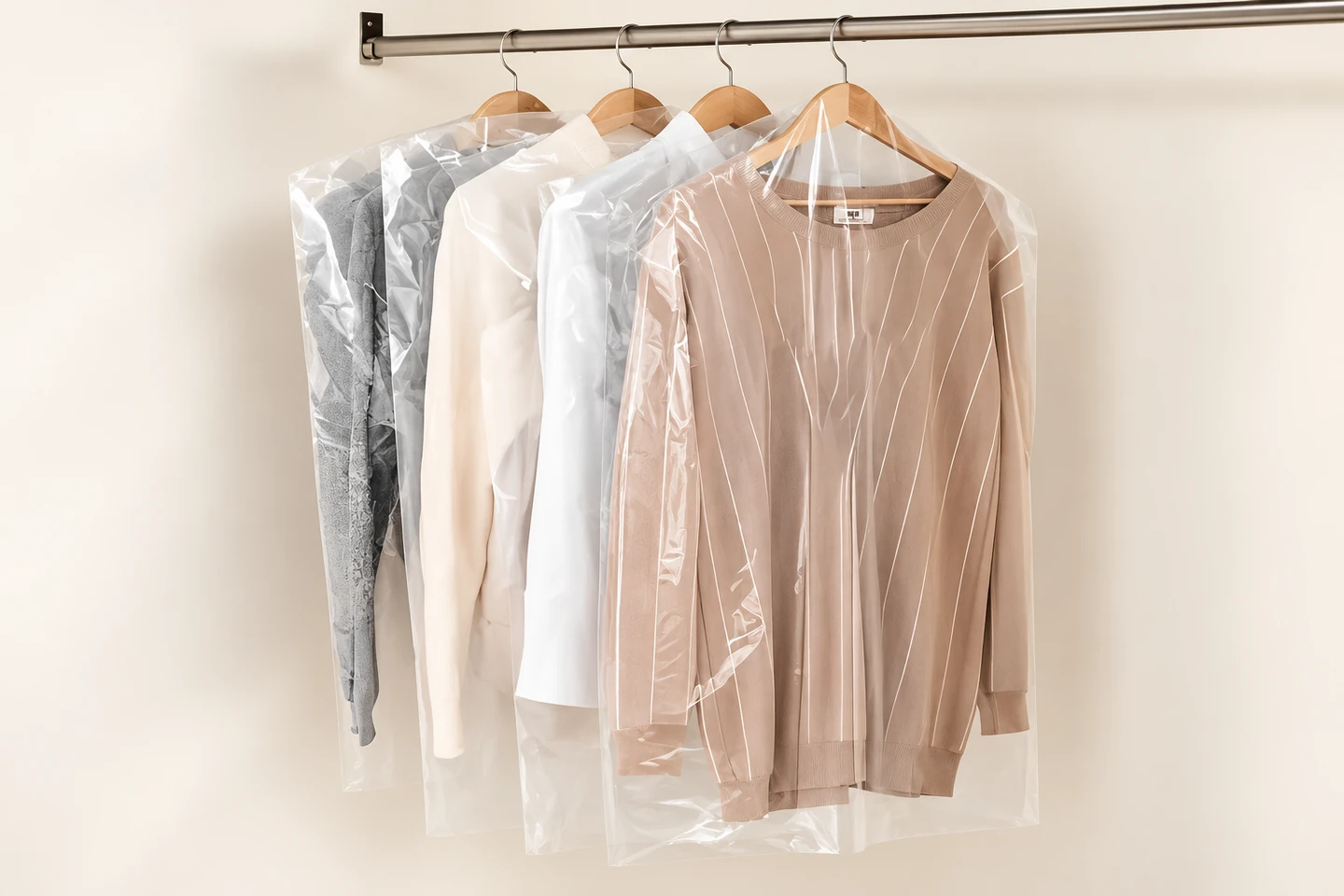 Hanging clothes individually protected by clear garment covers