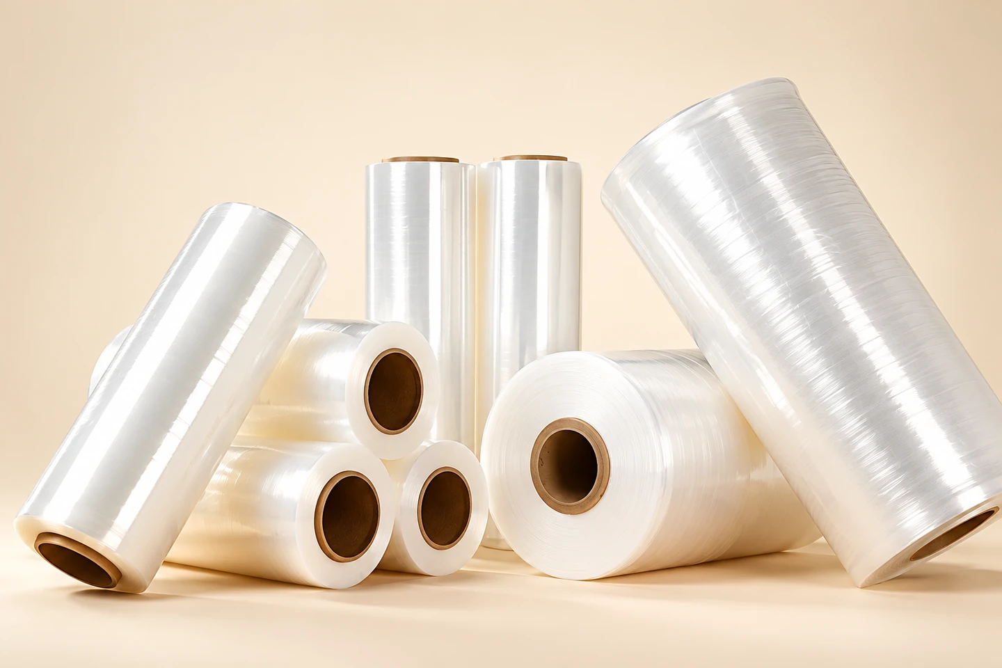 Clear packaging-film rolls in different widths on cardboard cores
