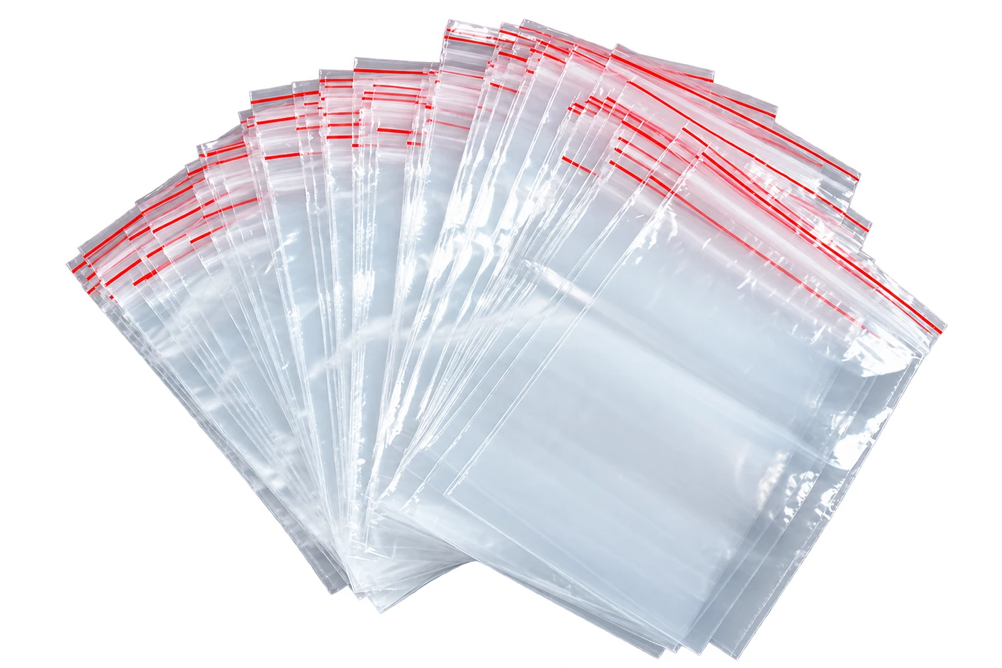 Clear resealable bags in assorted sizes with red closure lines