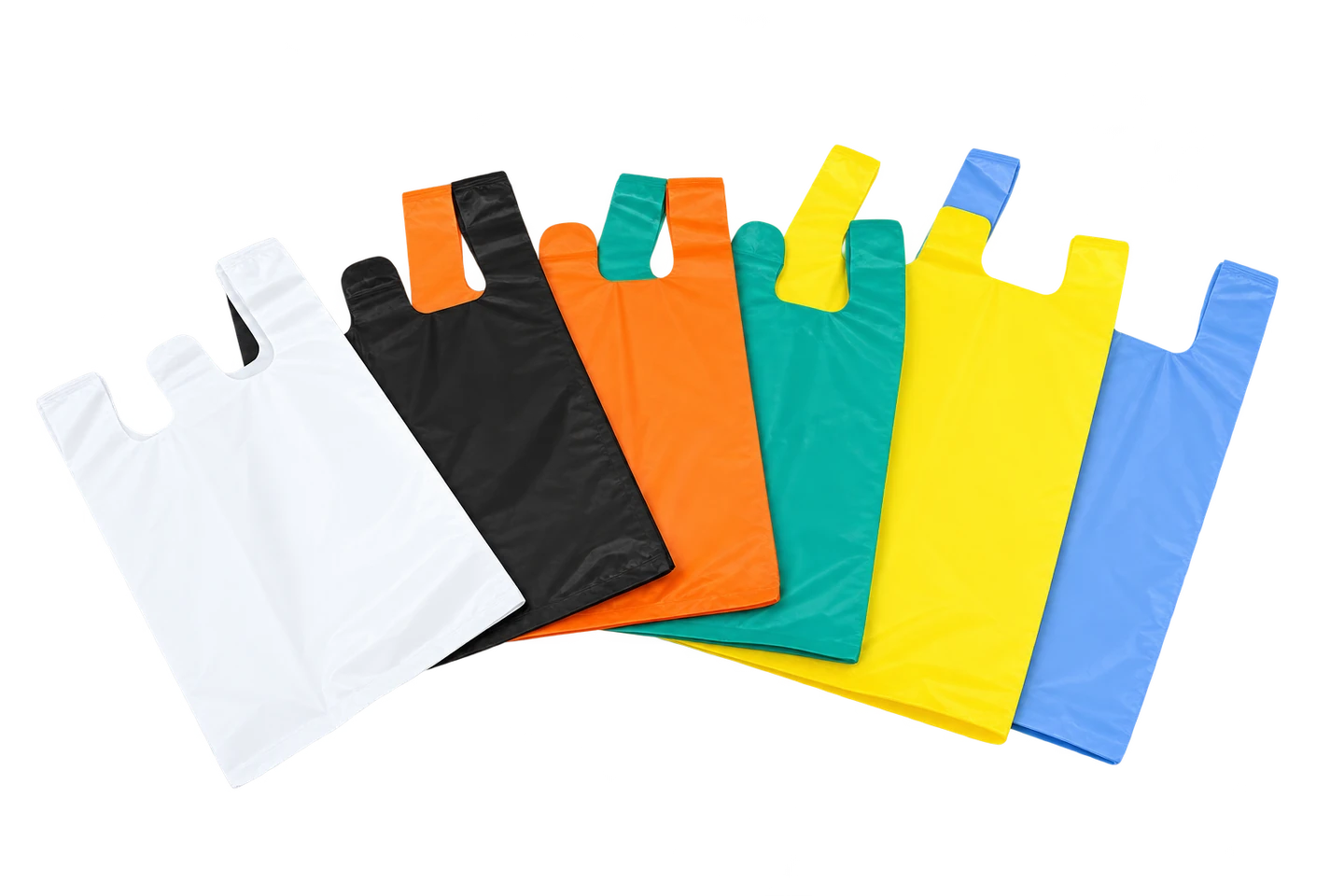 T-shirt carrier bags in white, black, orange, green, yellow and blue