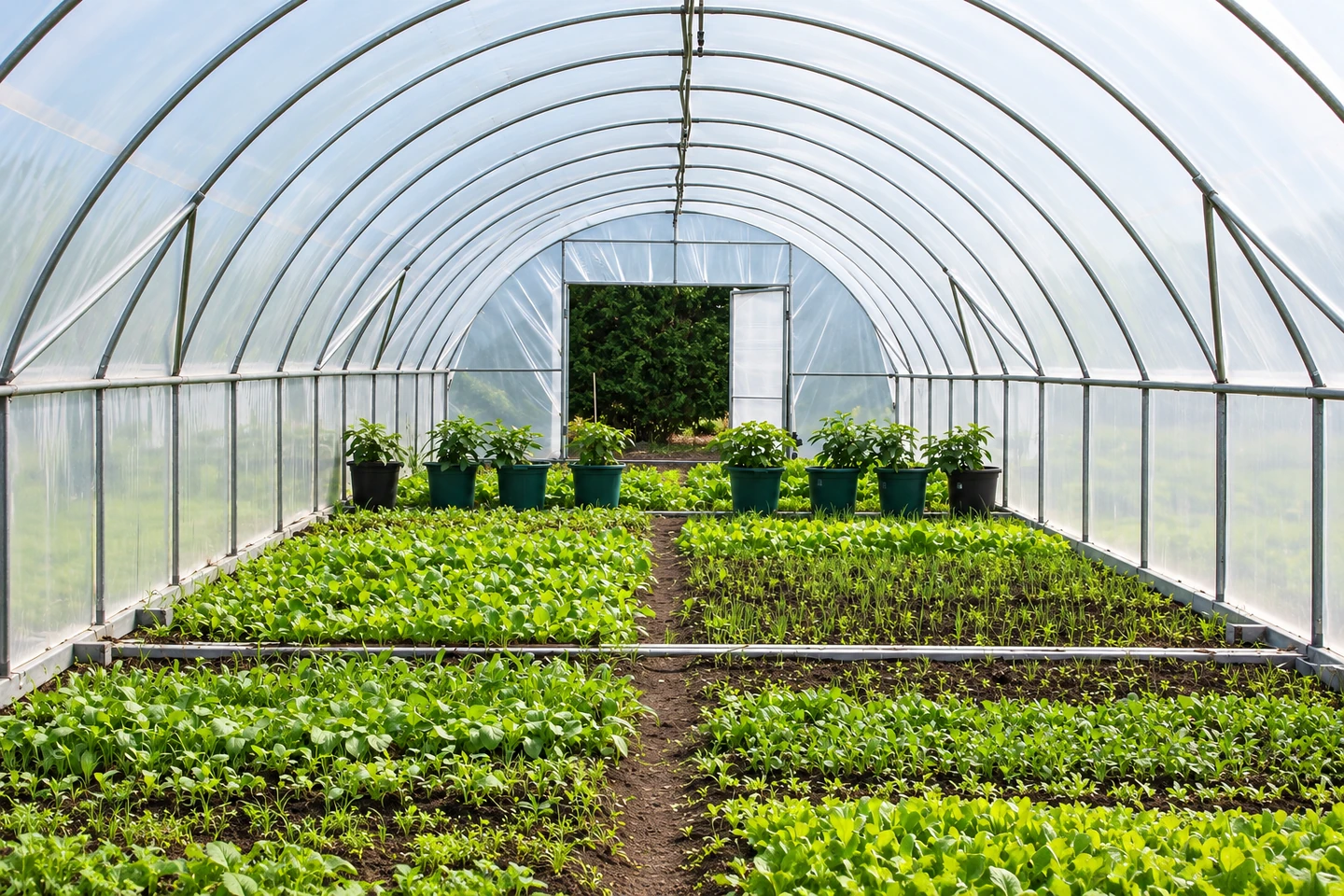Translucent greenhouse film covering arched supports above young plants