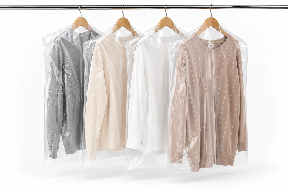 Garments on hangers protected by clear plastic covers