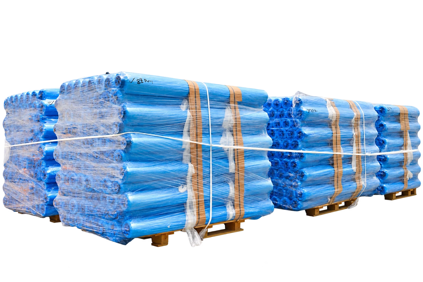 Blue-wrapped polyethylene rolls stacked and secured on pallets