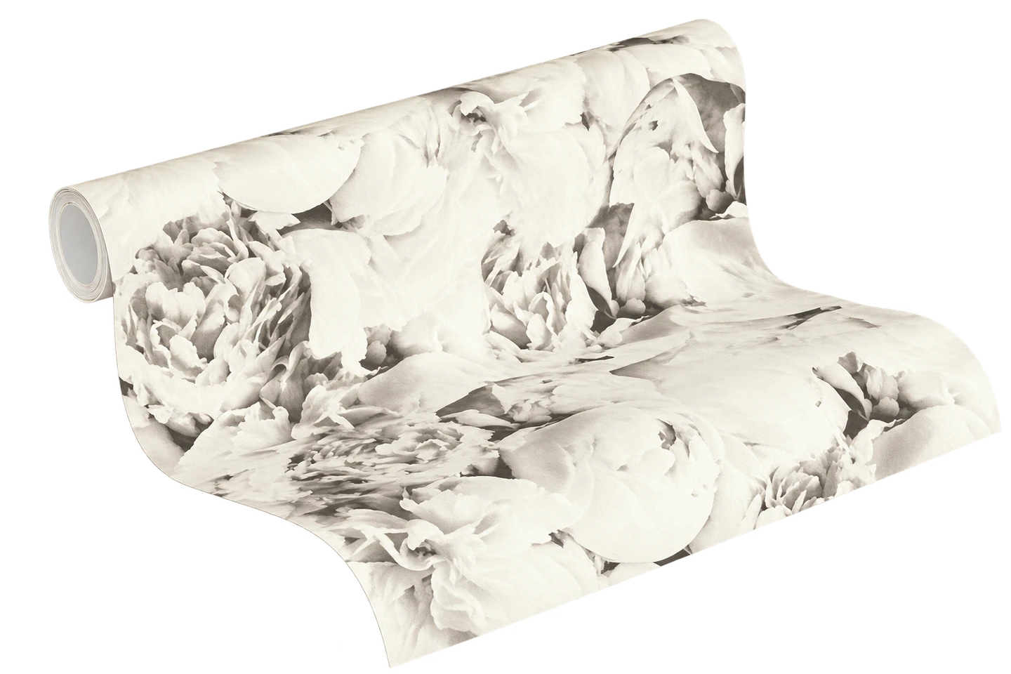 Partly unrolled table cover with a grey floral pattern