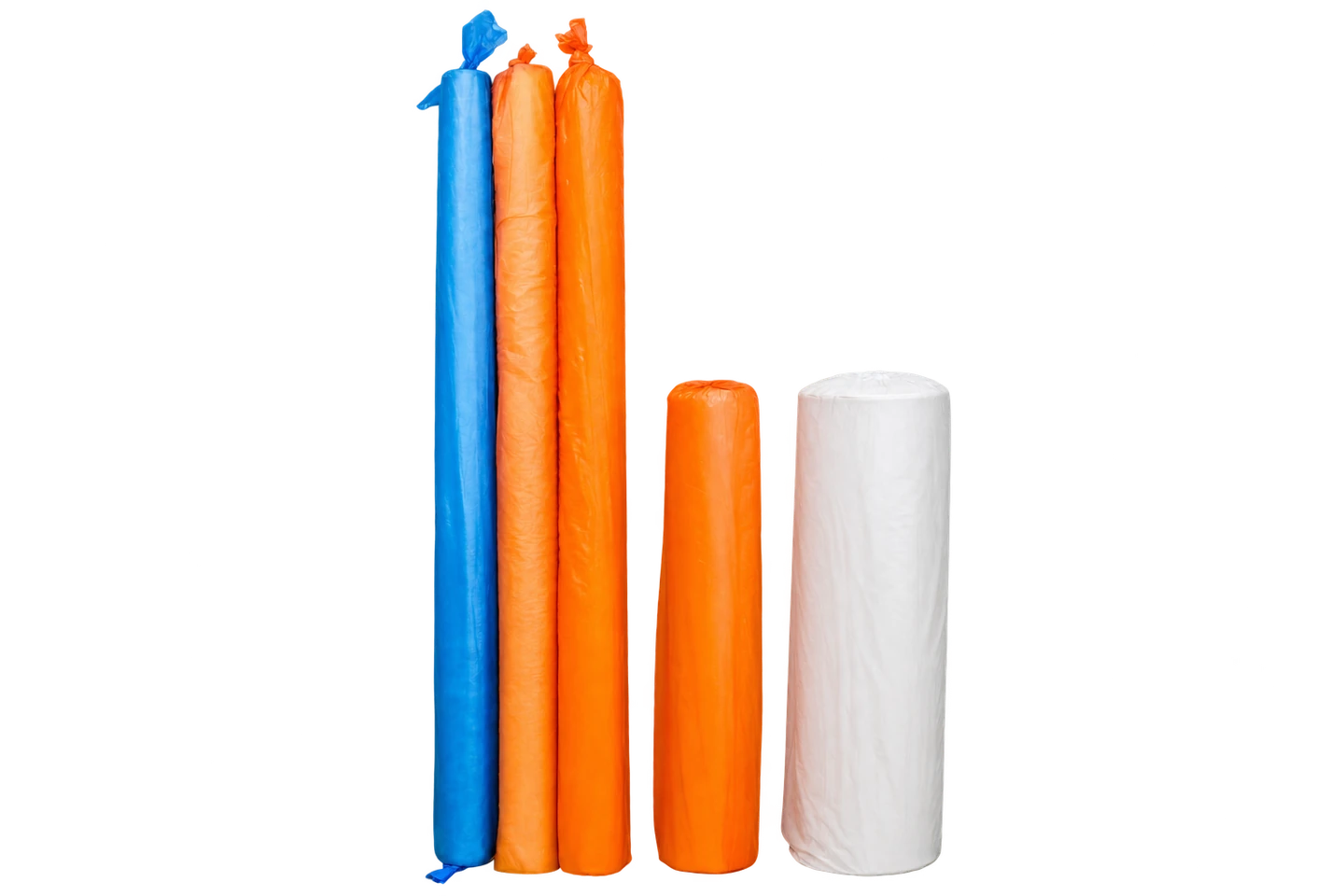 Polyethylene rolls in blue and orange sleeves alongside a white roll