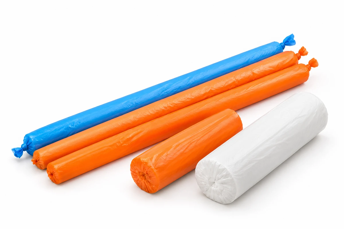 Five wrapped polyethylene rolls in blue, orange and white
