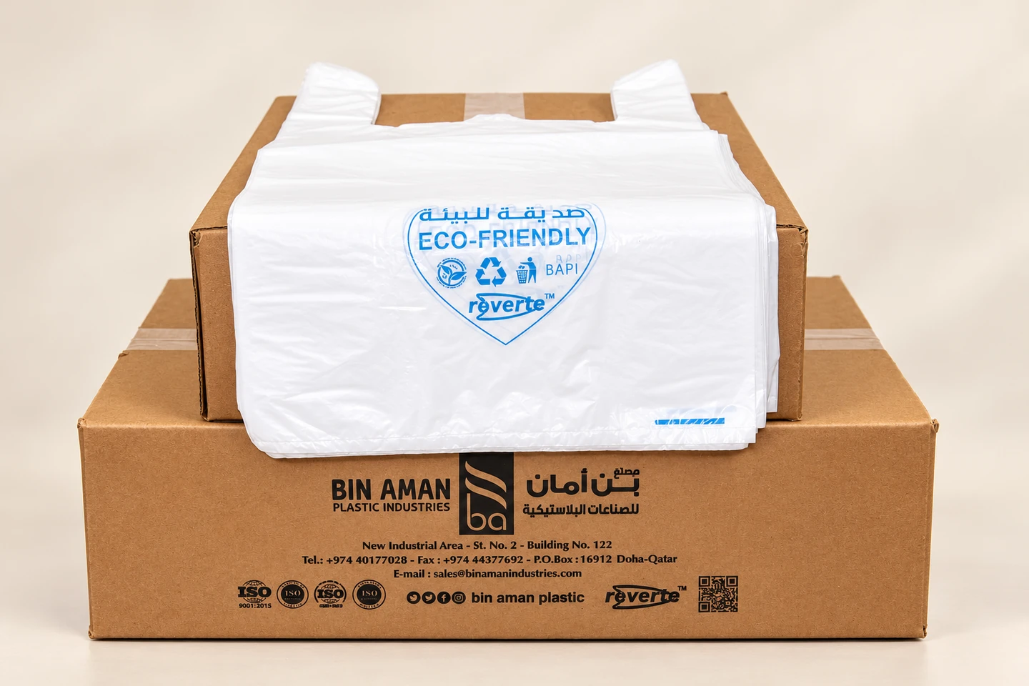 White printed T-shirt carrier bags on Bin Aman cartons