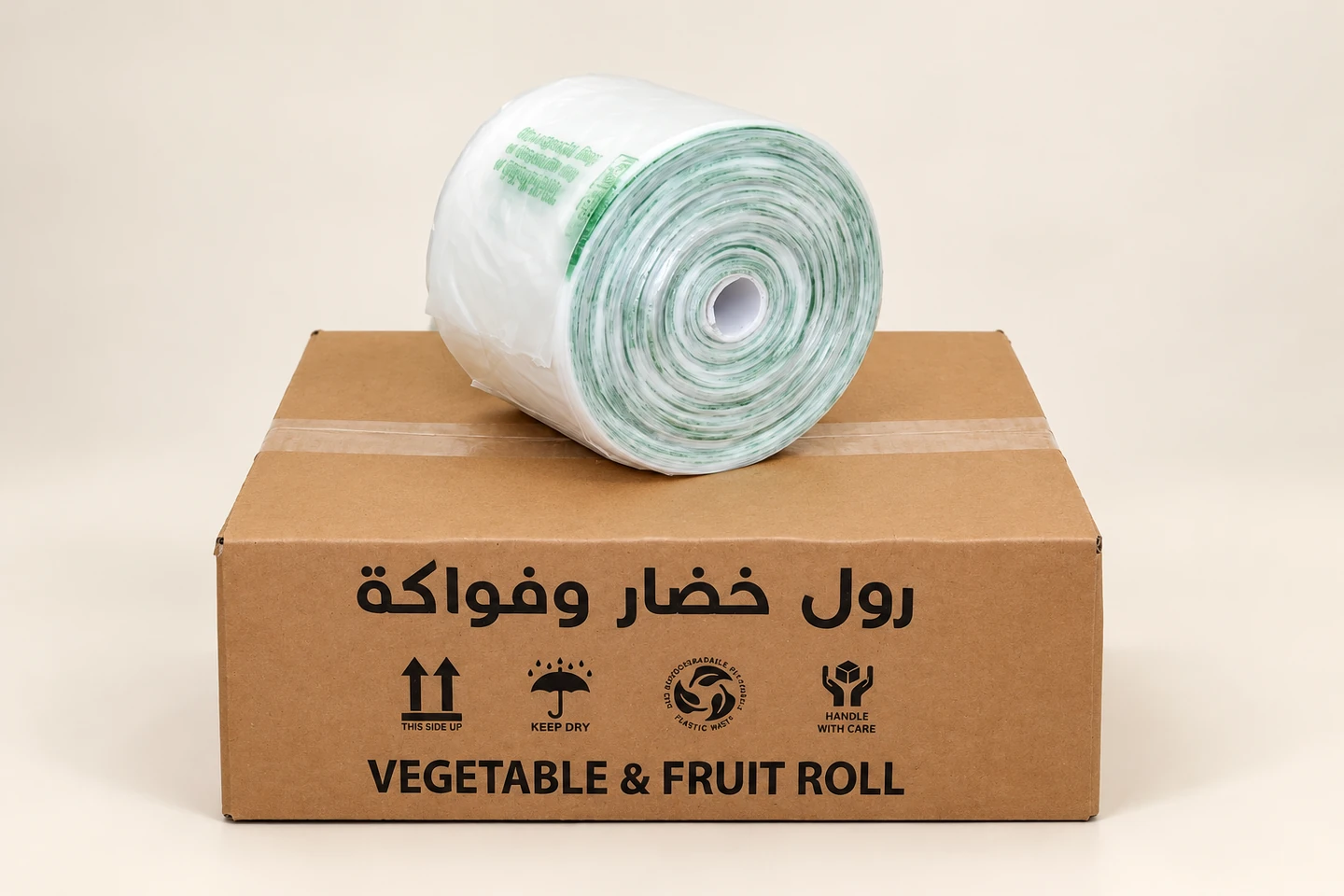 Translucent produce-bag roll on its vegetable and fruit carton