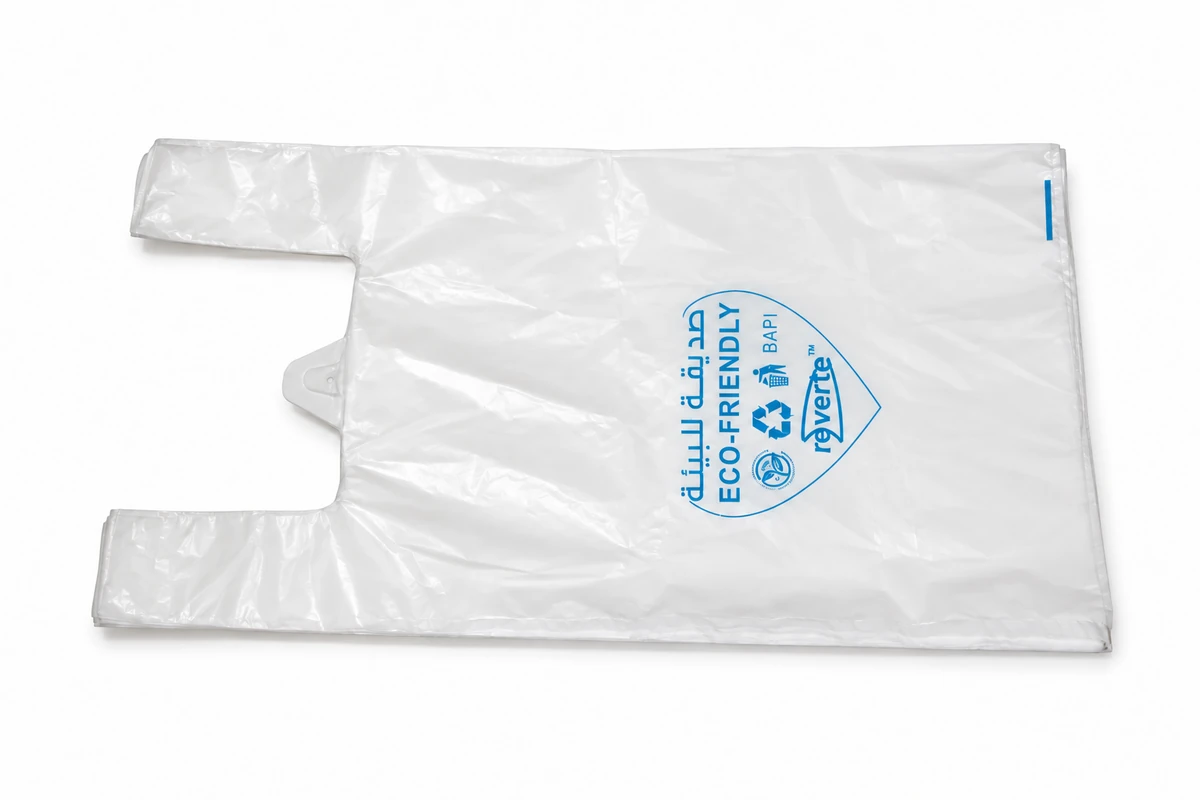 White plastic T-shirt carrier bag with blue printing