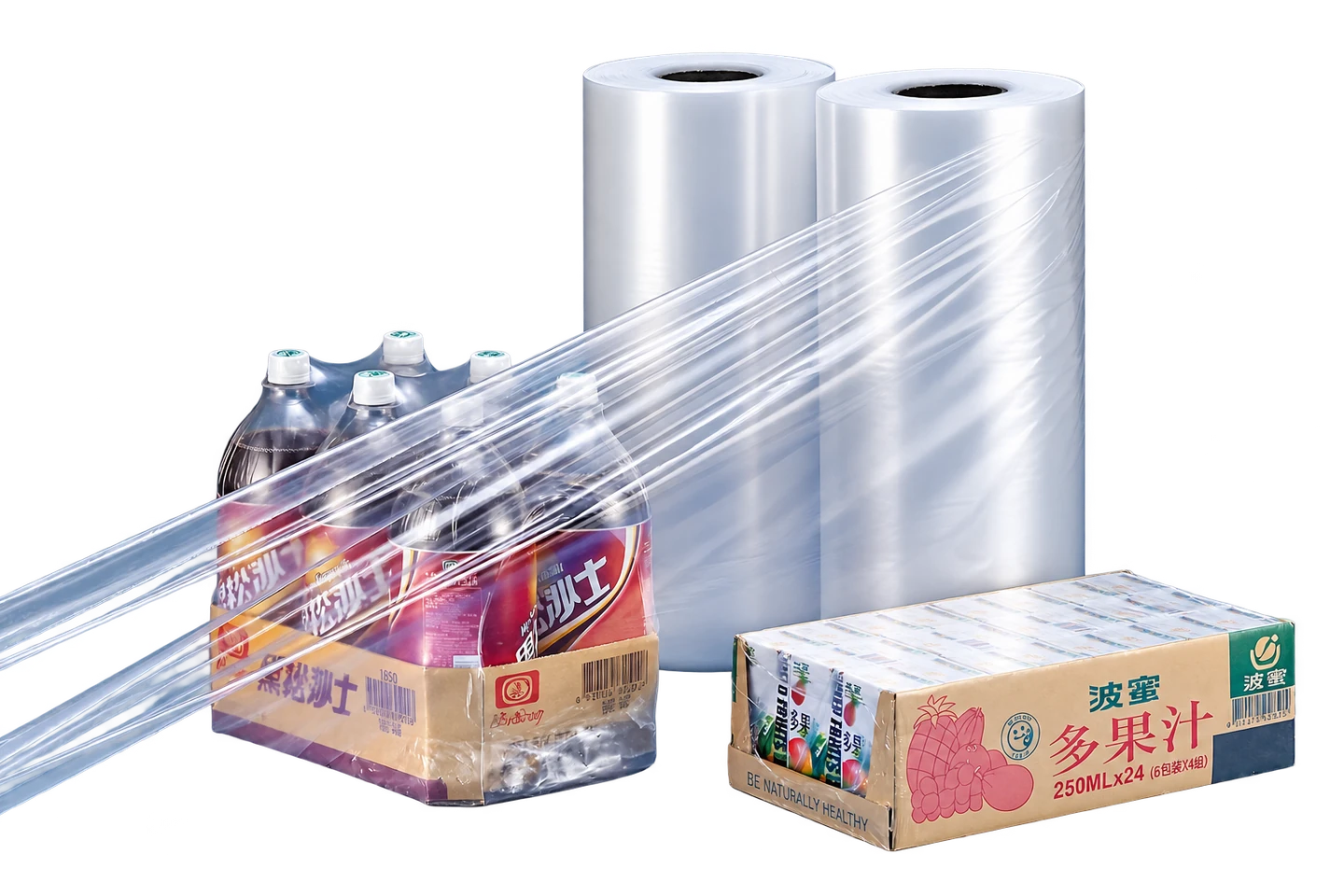 Clear film rolls and wrapped beverage packs showing a shrink-film packaging application