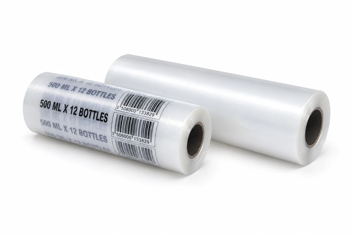 Two rolls of clear packaging film, one with printed packaging graphics
