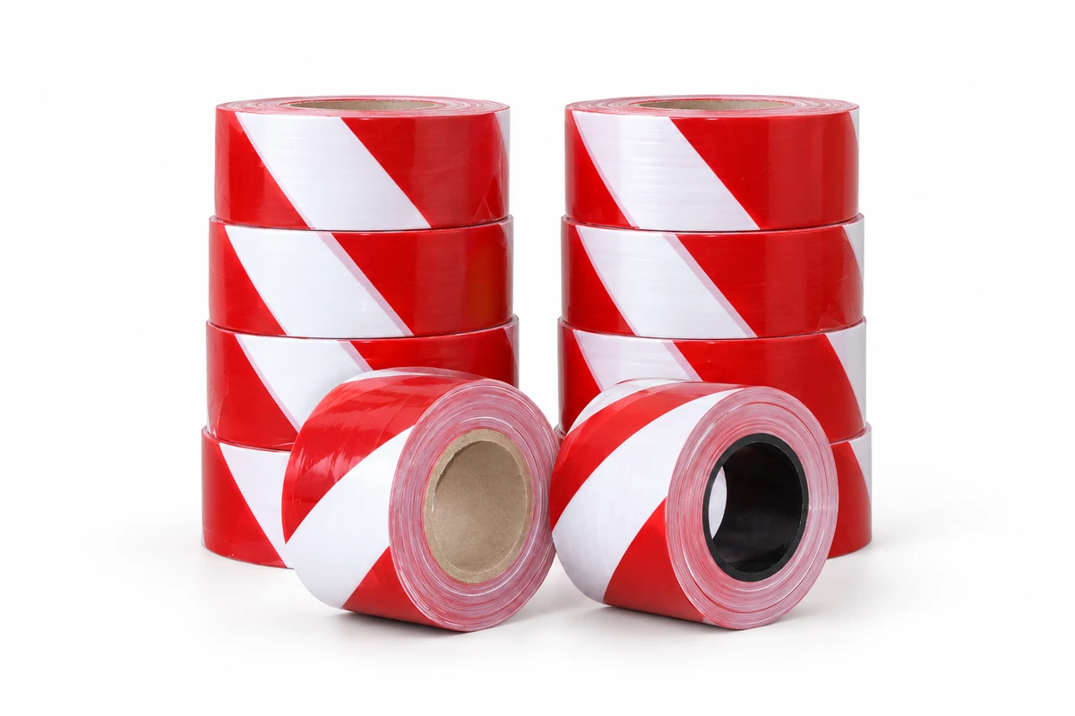 Red and white striped warning-tape rolls